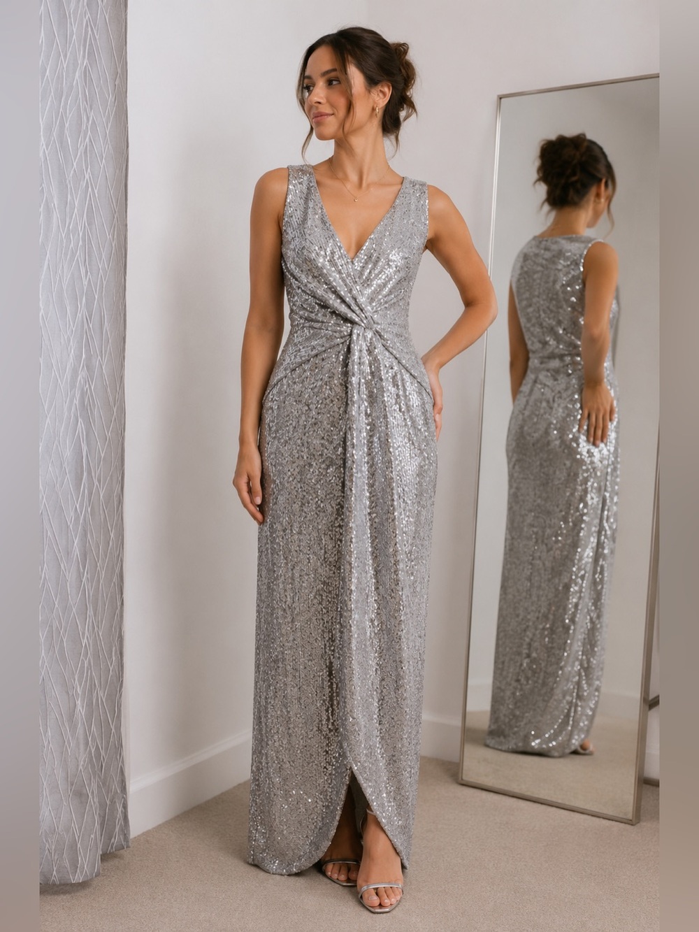 ✨ Aidan Mattox Silver Sequin Evening Gown